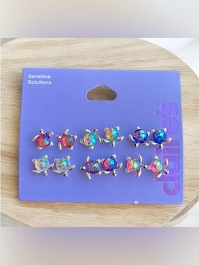 2/$25 NEW Claire's Sensitive Solutions Silver Multicolour Turtle Earrings Set 6